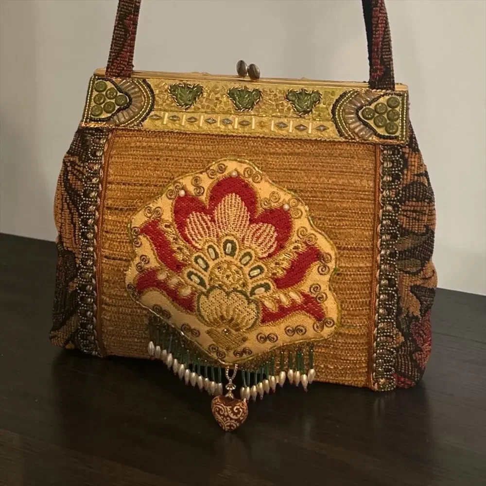 Mary Frances Beaded Floral Tapestry Kiss Lock Frame Bag Boho Embellished Bag